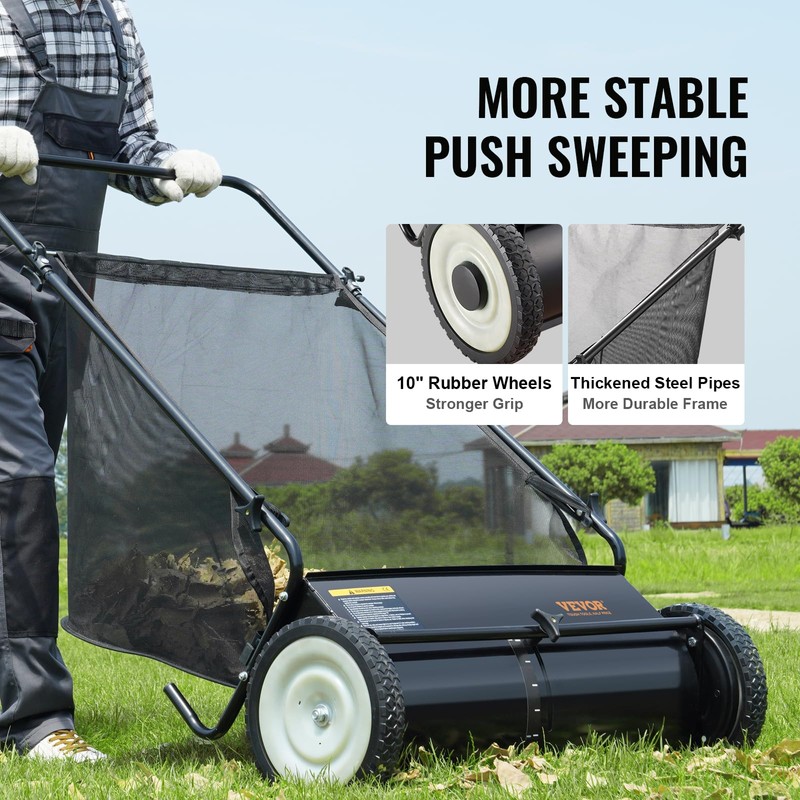 VEVOR Push Lawn Sweeper, 26 Inch Leaf & Grass Collector,