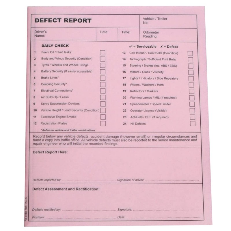 (Pack of 5) Daily Check Driver Defect Book HGV Truck
