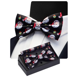 Gusleson Christmas Black Bowtie and Pocket Square Santa Claus Pattern Pre-tied Adjustable Bow Ties Sets (UK0590-06)