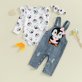 Mubineo Baby Girl Clothes Cute Cartoon Romper Overalls Outfits Long Sleeve Bodysuit Overall Pant Set Newborn Outfit (White Blue Penguin, 12-18 Months)