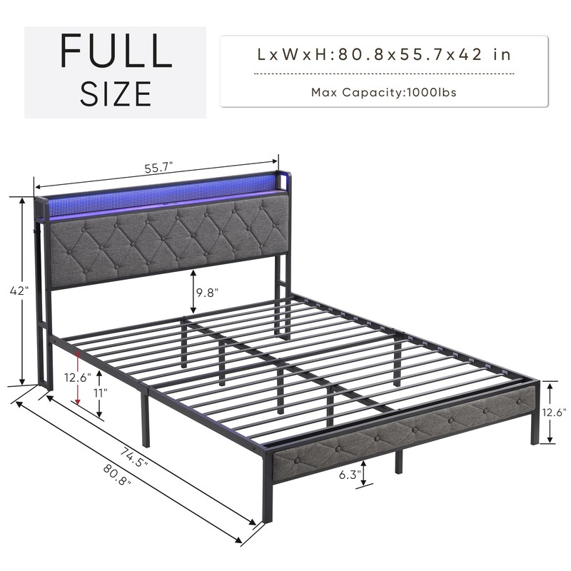 Full Size Bed Frames with Storage Headboard, LED Platform Bed