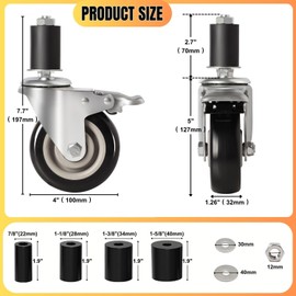 4-Inch Heavy-Duty Expanding Stem Casters with Brake - Prep Table Casters Set of 4, Fit 7/8" to 1-5/8" ID Tube Pipe Legs for Stainless Steel Table, Equipment Stand, Carts, Shelving Racks