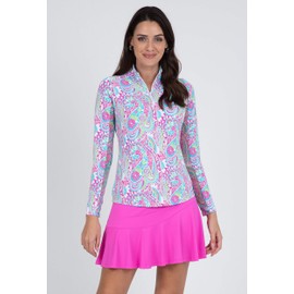 IBKUL Athleisure Wear Sun Protective UPF 50+ Icefil Cooling Gloria Print Long Sleeve Mock Neck Top – 10869 Hot Pink/Turquoise Gloria M