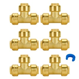 SUNGATOR 1/2 Inch Tee, Push Pex Tee Plumbing Fittings 1/2 Inch, No Lead Brass Push-to-Connect T Plumbing Fittings for PEX Pipe, Copper, CPVC Transition, with 1 Disconnect Clip, Pack of 6