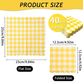 PHIOMUUE 40Pcs Yellow Gingham Napkins, 25 x 25 cm Disposable Scalloped Party Napkins, Pastel Cocktail Napkins for Wedding Birthday Decorations Beverage Supplies (Yellow)