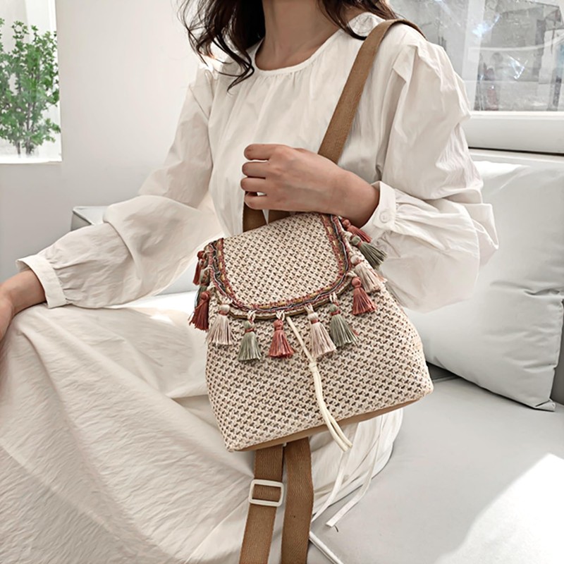Women Mini Straw Flap Backpack Boho Summer Fringed Tassel Shoulder