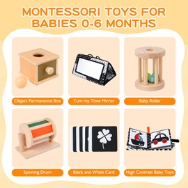 Starrykids Montessori Toys for Babies 0-6 Months, 6 in 1 Learning Educational Set for Newborn, Toddlers Gifts Includes Spinning Drum, Object Permanence Box, Baby Roller Tummy Time Mirror and More