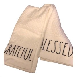 Rae Dunn NEW Rae Dunn Kitchen Towels Set Of 2 Blessed & Grateful White 16 X 26 Cotton
