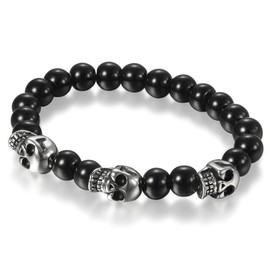 Flongo Men's Biker Stainless Steel Skull Skeleton 8MM Black Bead Stone Bracelet