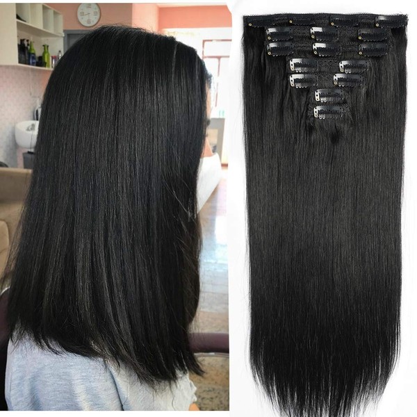 16" Clip in Human Hair Extensions Full Head 130g 7 Pieces 16 Clips 1# Jet Black Double Weft Brazilian Real Remy Hair Extensions Thick Straight Silky (16", 130g Jet Black)