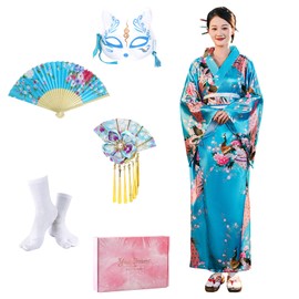 Japanese Kimono Geisha Costume Asian Dress Cosplay Anime Peacock Costume Yukata Cardigan Robe for Women 5pcs(Blue)