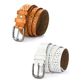 Allegra K Unisex Retro Floral Hollow Belts Pin Buckle Faux Leather Belts for Jeans Pants Brown & White 120cm/47.24"