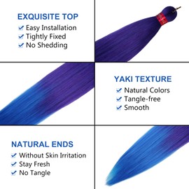 Ombre Purple-Blue Braiding Hair Pre Stretched 2 Packs Box Braids Hair Extensions 26 Inches Synthetic Pre Stretched Braiding Hair