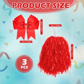Hotop 3 Pcs 10 in Cheerleading Pom Poms and Large Cheerleader Hair Bow for Girl Cheer Pompoms Cheerleading Accessories for Sport Events Dance Party Basketball Football Team (Red,Classic)