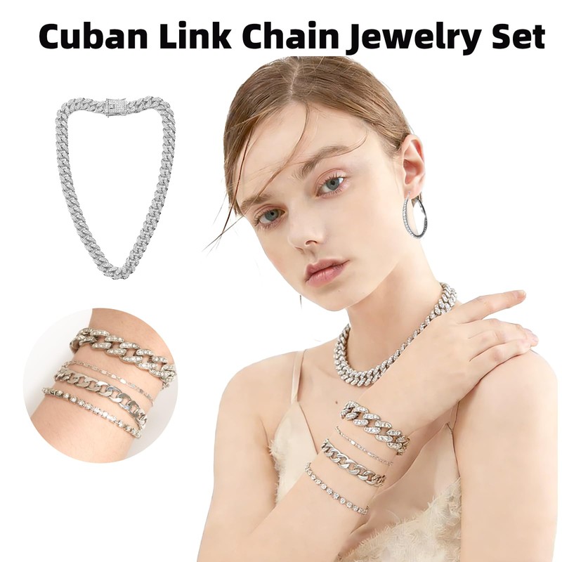 Avxzbef 6 Pcs Silver Cuban Link Chain Set for Men
