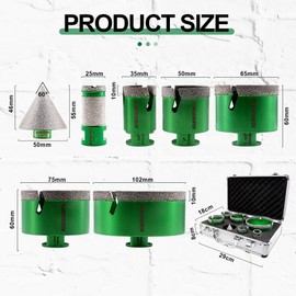 KURSTOL Tile Hole Saw Kit - 11pcs Diamond Core Drill Bits 6/6/25/35/50/65/75/102mm+2" Beveling Chamfer Bit+4.5" Blade Cutting Disc+SDS Shank to 5/8-11" Thread for Porcelain Ceramic Granite Marble