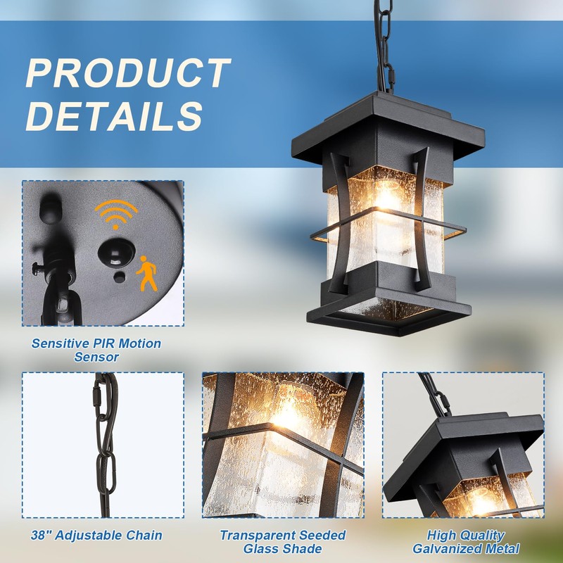 EERU Motion Outdoor Pendant Light Fixture with Dusk to Dawn