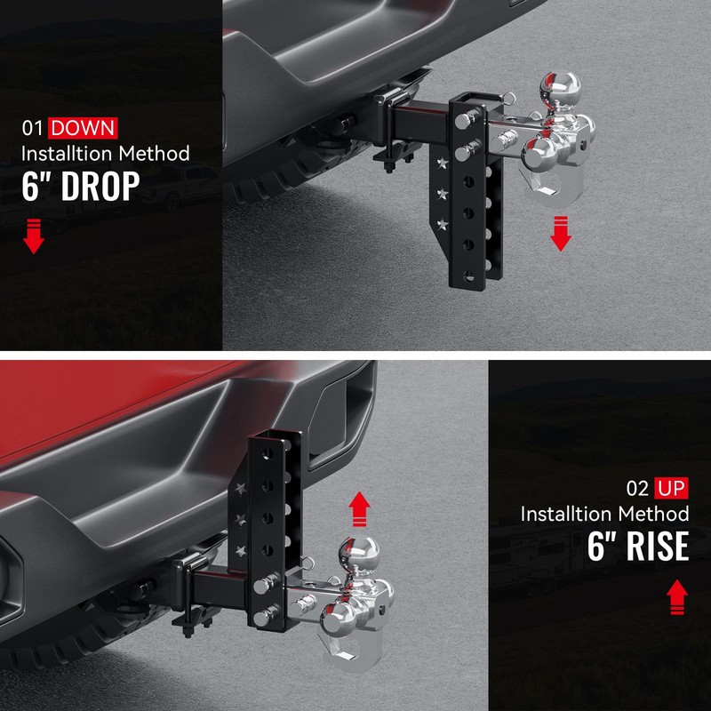 Adjustable Trailer Hitch, 6 Inch Drop/Rise Ball Mount Hitch with