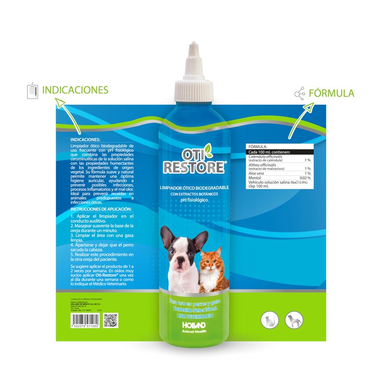 HOLLAND Oti-Restore 250 ml Limpiador ótico Biodegradable para Perros y