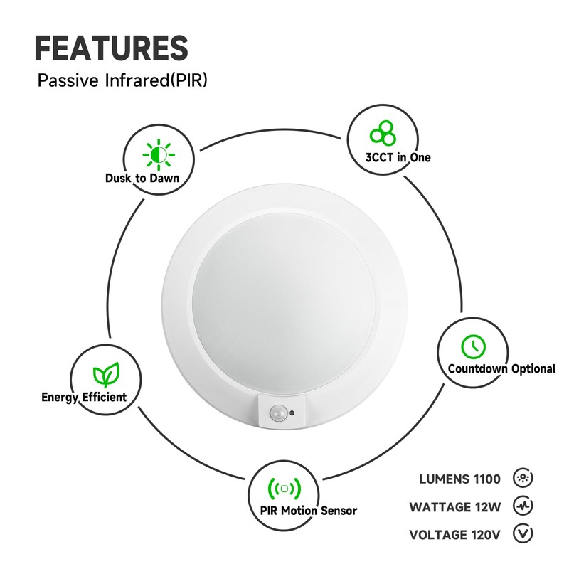 LED Motion Sensor Ceiling Light, 3000K/4000K/5000K Selectable LED Flush Mount