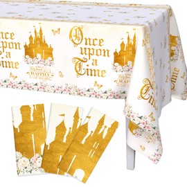 AIBIIN 3pcs Once Upon a Time Party Tablecloth for Girls, Pink Floral Gold Castle Princess Fairytale First Birthday Table Cover Birthday Party Decorations Supplies 54X108inch