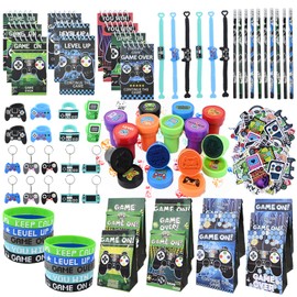PATEMZON Video Game Party Bags, 128 Pieces Children's Birthday Party Favours with Gift Bags, Bracelets, Notebook, Stamp, Key Ring, Pencil, Stickers, Video Games Gifts