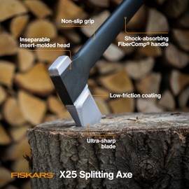 Fiskars X25 Splitting Axe, 28" Wood Splitting Axe for Medium to Large Size Logs with Shock Absorbing Handle and Sheath, Split Firewood, Forged Steel Blade, Bushcraft Gear and Camping Hatchet