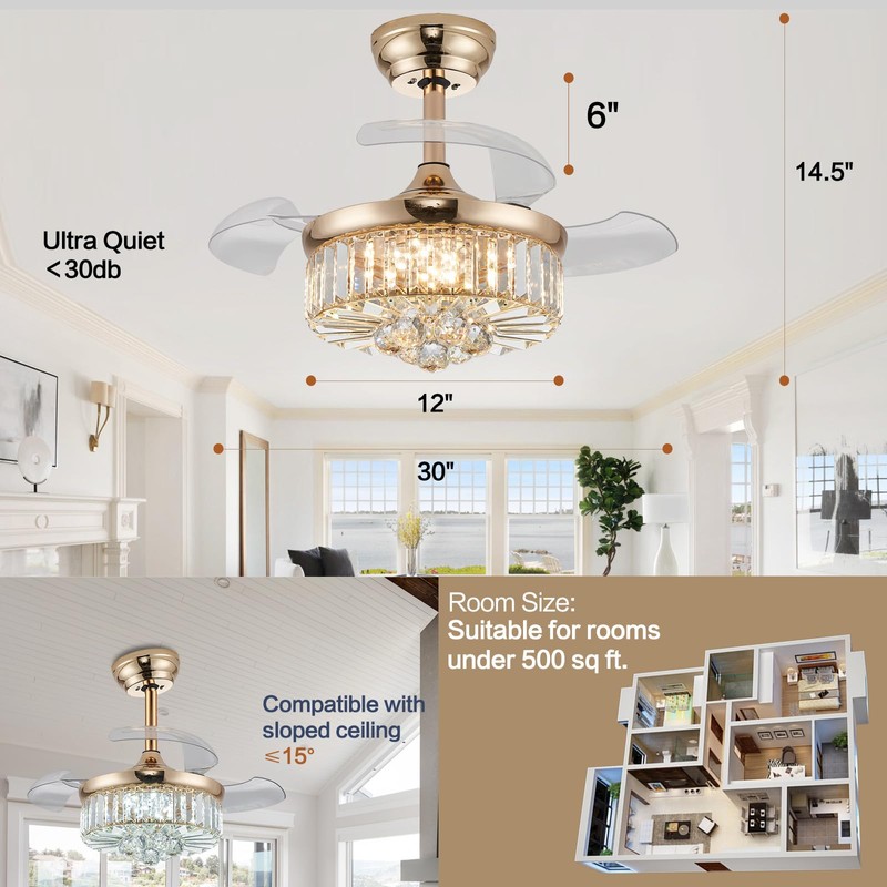 DuMaiWay 30" Golden Chandelier Ceiling Fan with Light Crystal Modern