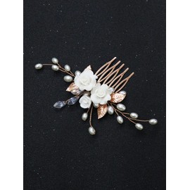 Brihasory Bride Wedding Hair Comb White Flower Pearl and Leaves Bridal Hair Accessories Party Prom Head Pieces Elegant Hair Clips for Women and Girls(Rose Gold)