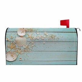 Numland Magnetic Mailbox Covers Polyester Oxford Cloth Anti-UV and Reusable Letterbox Cover 21×18 Inch,Seashells On Turquoise Wooden Summer