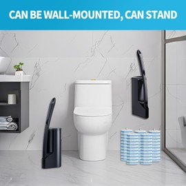 Disposable Toilet Brush with 50 Wand Cleaner Refills Pads，Wall Mounted Toilet Bowl Holder Set，Toilet Cleaning System Starter Kit，Bathroom Cleaning System for Sink Bathtub Wash Basin