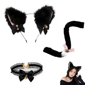 LOYELEY Cat Ears Headband with Bell, Ribbon, Cosplay, Cute Hair Ornament, Christmas, Fluffy Ears, Costume, Costume, Accessory, Hair Accessory, Headband, Events, School Festivals, Halloween (Set of 2)