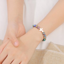 JoycuFF Cross Bracelet Christian Gifts for Women Girls Religious Easter Catholic Christian Faith Jewelry, Meaningful Communion Baptism Colorful Imperial Jasper Bracelets for Teen Girls