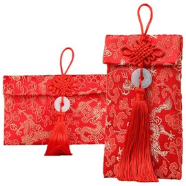 Operitacx 2 PCS Chinese Silk Red Envelopes Chinese Lucky Money Envelopes Chinese Red Pocket New Year Blessing Bag Red Shells for Spring Festival Birthday Wedding
