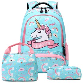 A AM SeaBlue Unicorn Rucksack for Girls School Bag Set Kids Backpack Primary Water Resistant Student Bookbag with Lunch Bag Pencil Case
