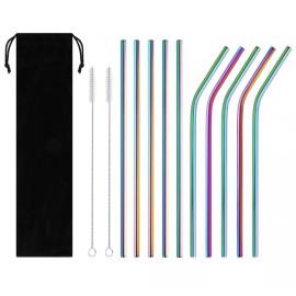 Unbranded 4Pcs 8.5” Stainless Steel Drinking Straws Metal Reusable+2Pcs Cleaning Brush - Rainbow