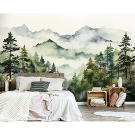 Watercolor Forest Mountain Mural Wallpaper, Foggy Trees Ink Wall Mural, Natural Landscape Mural, Misty Abstract Botanical Wallpaper for Living Room, Bedroom, Dinning Room-161"x108"(Not Peel and Stick)