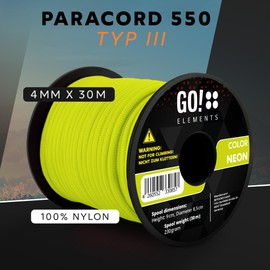 GO!elements 30 m Paracord Rope Made of Tear-Resistant Nylon Cord - 4 mm Paracord 550 Type III Cord - All-Purpose Rope and Cord - Max. 250 kg, Colour: Neon