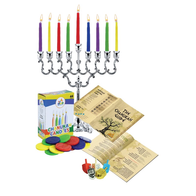 Ner Mitzvah Hanukkah Menorah Candles Dreidels, Chanukah Guide Complete Set