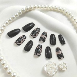 Black Press on Nails Short Coffin Fake Nails with Flower Designs Full Cover Nails Press ons Glossy Glue on Nails Nude False Nails Summer Acrylic Nails Artificial Stick on Nails for Women 24Pcs