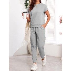 Famulily Women's 2 Piece Summer Cozy Jogger Set Loose Solid Color Sweatsuits Lounge Set with Pockets Gray XL