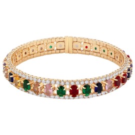 Multi-Coloured Tennis Bangle, 18K Gold Plated, AAA Cubic Zirconia, 56mm Adjustable, with included Gift Pouch