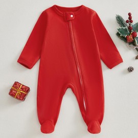 KOSUSANILL My First Christmas Baby Girl Boy Outfit Newborn Long Sleeve Footie Romper Zipper Jumpsuit Cute Fall Winter Clothes (Red, Newborn)