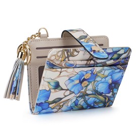 APHISON Women RFID Slim Bifold Wallet, Card Holder with Zipper Coin Purse, Ultra-Thin Compact Wallet with ID Window Minimalist Flower Blue