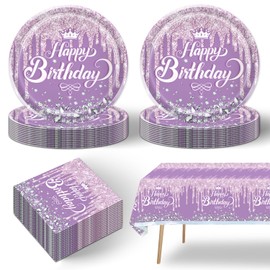 41pcs Purple and Silver Party Supplies ,include Purple and Silver 20 Plates,Purple and Silver 20 Napkin and 1pcs Tablecloth,Used for Purple and Silver Glitter Birthday Party Decoration (violet)