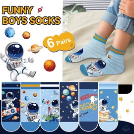 Queenshin Space Boys Socks 8-10 Years Old Ankle Socks 6 Pairs Crazy Sock for Kids No Show Cartoon Sock Fun Cute Novelty Cotton Birthday Christmas Gift