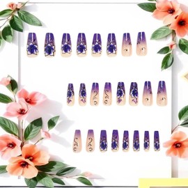 24Pcs Purple Flower Press on Nails Medium Ballet Shaped Purple Gradient French Acrylic Fake Nail Full Cover Glossy Floral Stick on Nail Medium Artificial Fingernails Reusable Glue on Nails for Women
