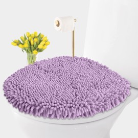 LuxUrux Toilet Lid Cover with Stretch Fit Elastic Band – Chenille Microfiber Toilet Seat Non-Slip Cover for Bathroom – Soft Plush, Machine Wash And Dry, Comfort & Clean Look (18 x 18'', Lavender)
