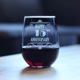 Bevvee Happy 15th Anniversary Stemless Wine Glass - Art Deco Gift for 15 Year Anniversary Decorations - Large 17 Ounce