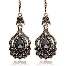 Gold Plated Vintage Black and Grey Crystals Quality Cubic Zirconia Dangle Drop Earrings for Women